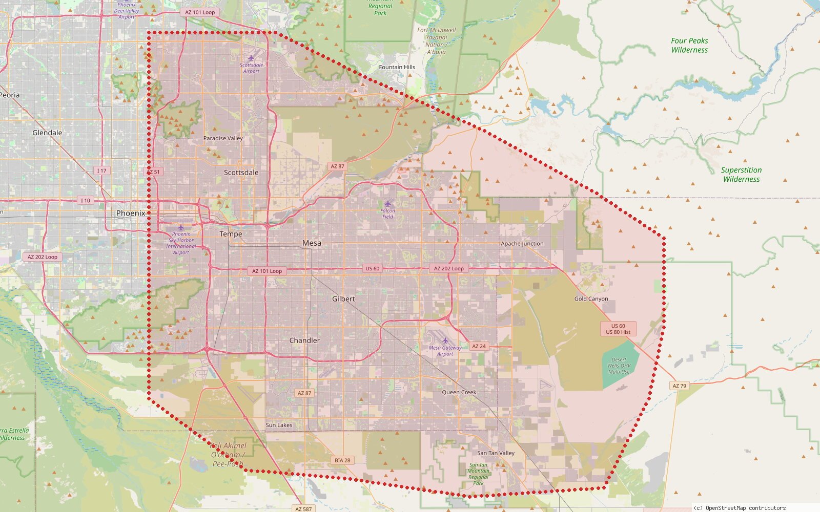 Map of the East Valley, Arizona service area